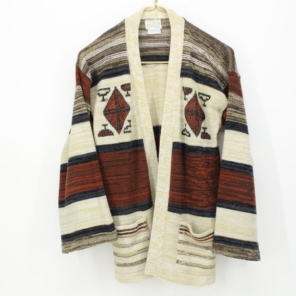 Vintage Sweaters - Vintage Earth Tones Aztec Style Design Knit Open Cardigan
